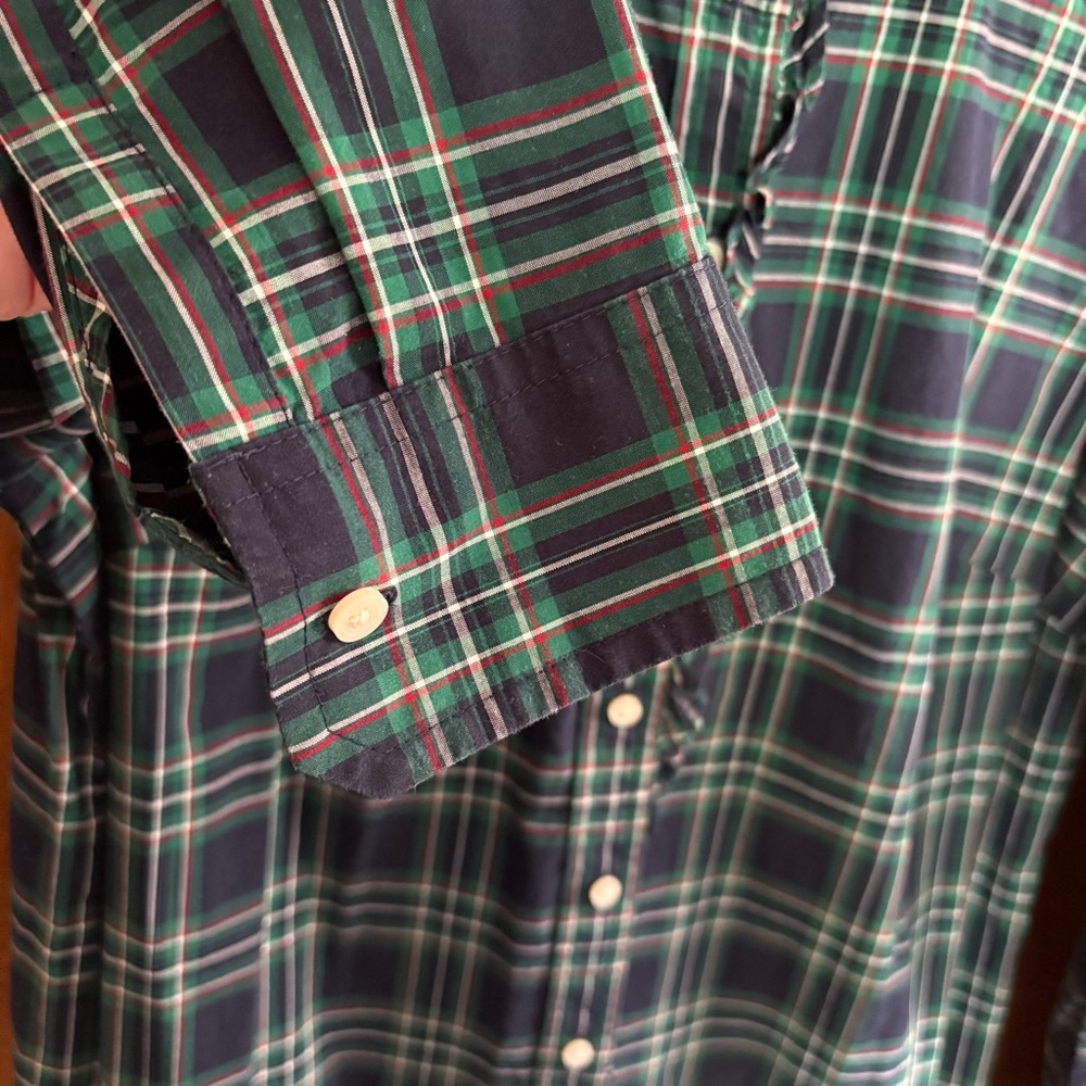 Talbots Green Blue Plaid Button Down Blouse Top 12 Ruffle High Neck Modest Fall - Picture 11 of 15